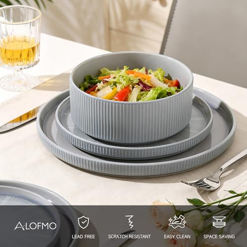 Image of Dinnerware Sets, Ceramic Plates and Bowls Set 12 Piece Dinnerware for 4 Chip Resistant Stoneware with Advanced Inkjet Printing Technology, Dishwasher and Microwave Safe-Smoky Blue