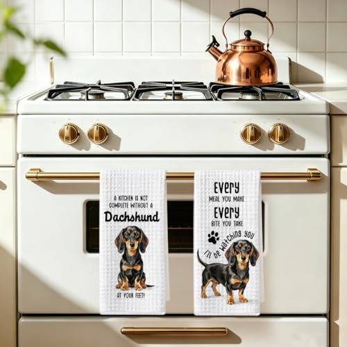 Image of 2 Pcs Funny Dachshund Kitchen Towels 24x14 Inch, Dachshund Gifts Reusable Dish Towels for Kitchen Bathroom Decor, Waffle Weave Absorbent Hand Cloth Tea Towel, Weiner Dog Gifts for Women Mom Friend