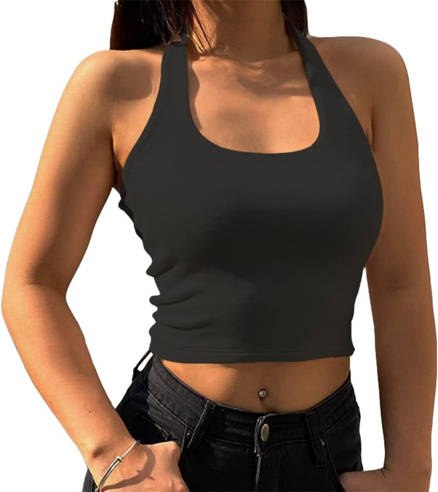Artfish Women's Sexy Scoop Neck Halter Crop Top Backless Knit Rib Basic Cami Tank Tops - Image 4