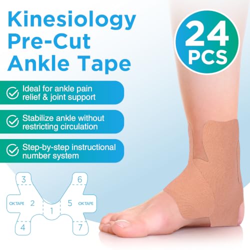 Image of OK TAPE Precut Kinesiology Ankle Tape, 24 Pcs, Pain Relief, Prevent Ankle Sprain, Provide Support for Ankle Ligament, Elastic Athletic Tape, Breathable Cotton, Daily Use - Beige