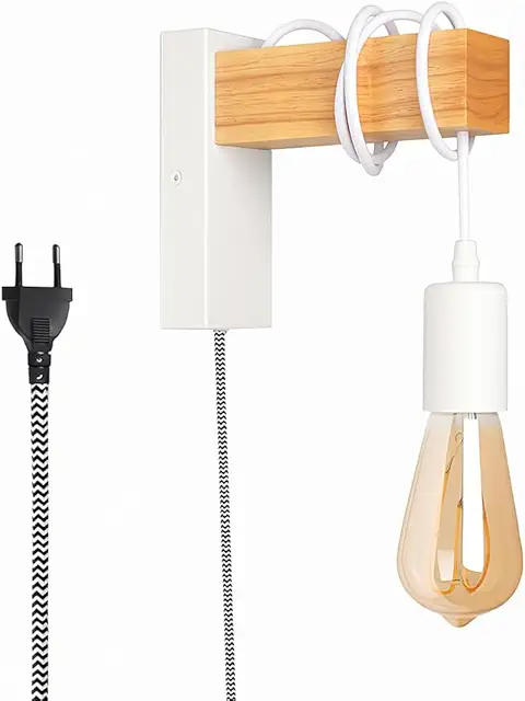 Applique Murale Vintage avec Prise et Interrupteur - Suspension LED en Bois Naturel