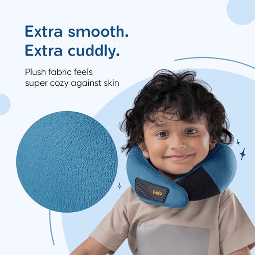 Image of Frido Kids Memory Foam Travel Neck Pillow with Travel Pouch | 360 Chin & Neck Support for Comfortable Sleep | Adjustable Velcro Straps | Ideal for Car, Flight & Road Trips | Sapphire Blue