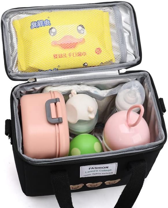 Miniatura 2 de Bolsa de almuerzo Kawaii con diseño de osos lindos, reutilizable, térmica, hielera, para suministros de regreso a la escuela (negro)