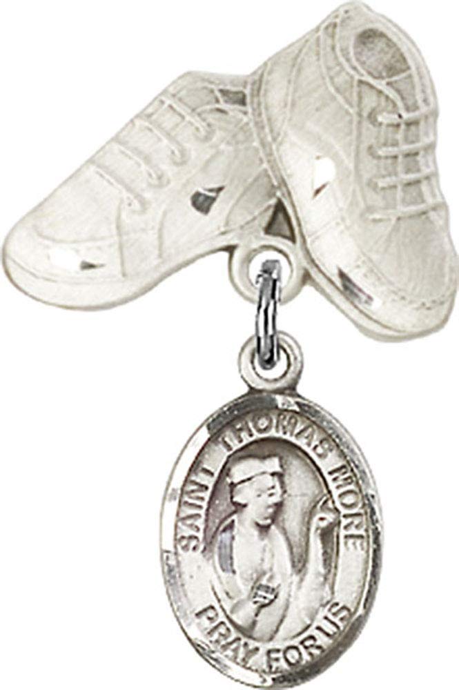 Jewels Obsession Baby Badge with St. Thomas More Charm and Baby Boots Pin | Sterling Silver Baby Badge with St. Thomas More Charm and Baby Boots Pin - Made In USA