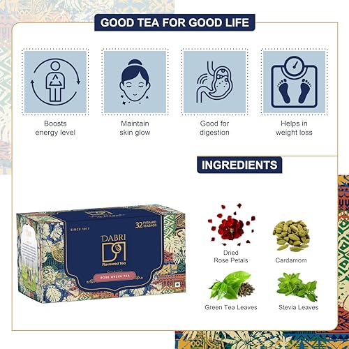 Image of Dabri Rose Green Tea Loose Leaves 32 Pyramid Dip Tea Bags| For Glowing Skin & Hair (Men & Women)| Natural Rose Petals | Antioxidant-Rich | Organic Blend | Relieves Stress & Supports Weight Control