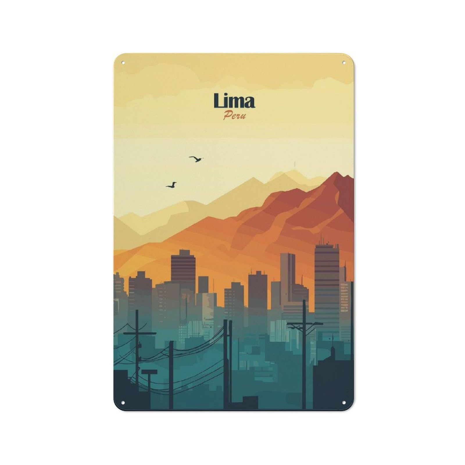 Junmoney Style-14 Lima Skyline Illustration Printed Metal Sign 30X20cm For Pub Or Café, For Everyday Room Decor With A Retro Look
