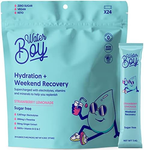 Waterboy Weekend Recovery | 3,187mg Electrolyte Powder Packets | Ginger + L-Theanine + Vitamins | No Sugar, All Natural, Gluten Free | 24 Drink Stick Mixes (Strawberry Lemonade)