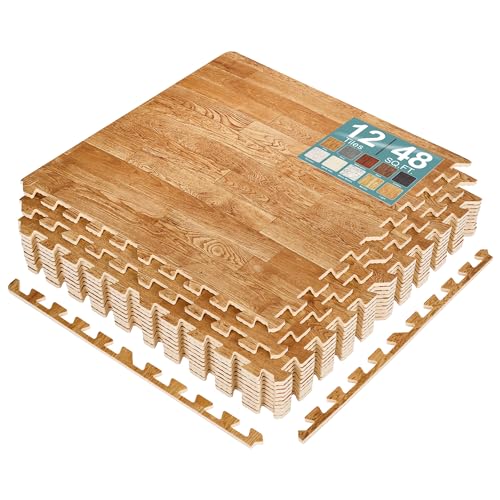 Sorbus 48 Sq. Ft. Wood Grain Floor Tiles Foam Mat EVA Interlocking Mats Tile 3/8-Inch Thick Flooring...