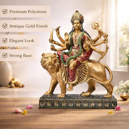Image of ARMONIA Maa Durga Idol with Lion - Sherawali Mata Murti for Home Decor, Puja Mandir & Office Desk | Vaishno Devi Durga Mata Statue |Antique Polystone Goddess Idol for Navratri Gift (Height:12.20 Inch)