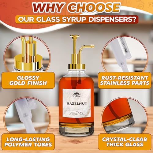 Image of Set of 4 Glass Syrup Bottles for Coffee Bar - 16.9oz 500 ml Coffee Syrup Dispenser with Pump, 18 Marked Labels, Leak-Proof, Easy Cleaning - Drink Station Accessories | Event Ready (Golden Pumps)