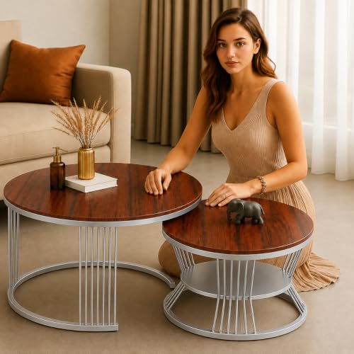 Image of Brown Art SHOPPEE Round Coffee Table Home Decor Furniture Coffee Table Sets,2 Piece MDF Top,Stacking Nesting Table with Iron Frame for Living Room Living Room or Lounge (Silver Brown)