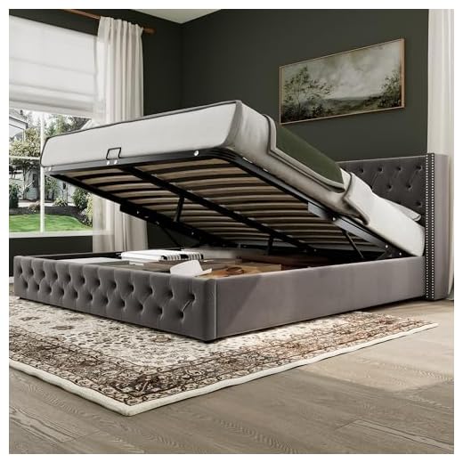 Kayan Ottoman Storage Bed with Hydraulic Lever, Upholstered King Size Bed 150 x 200cm, Velvet Ottoman Lift Up King Size Bed Frame, 5FT King Size, No Mattress (Gray)