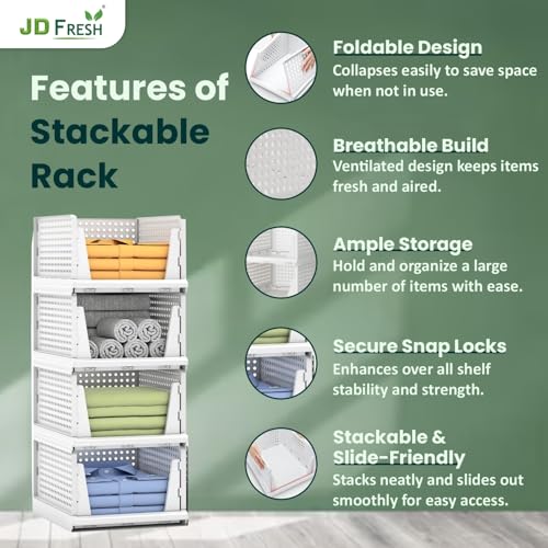 Image of JD FRESH 6 Pieces Foldable Wardrobe Organizer for Storage /Adjustable Cupboard Organiser for Clothes /Multipurpose Stackable Storage Rack /Polypropylene Sliding Drawer Basket /Shirt Stacker (White)