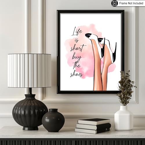 Image of Poster Master Life is Short Buy The Shoes Poster - Fashion Print - Trendy Art - Modern Art - Gift for Her & Fashionista - Luxury Haute Couture Decor for Bedroom or Girls Room, 18x24 Unframed Wall Art