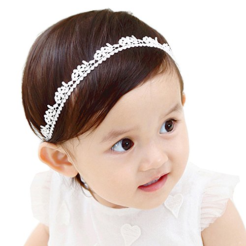 RQJ Newborn Christening Baby Headband Bows Baptism Flower Hairband White Hair Bows with Adjustable Ribbon - Main Image