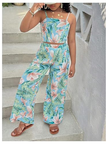 Image of Floerns Girl's 2 Piece Outfit Hawaiian Tropical Crop Cami Tops and Boho Pants Set