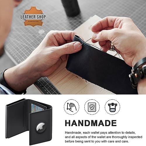 GAOCHALE AirTag Wallet [Top Grain Leather] Smart Pop Up Air Tag Wallet [Quick Access] RFID Blocking Minimalist Wallet for Men Up to 11+ Cards (AirTag Not included)(Black)2
