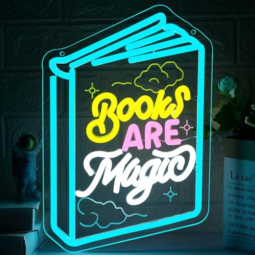 Books Are Magic Neon Sign for Wall Decor Dimmable Read Magic Book Neon Light for Man Cave Led Light Up Sign for Classroom Reading Room Book Party Library Bedroom Gifts Art Size 14.3 * 9.6In(