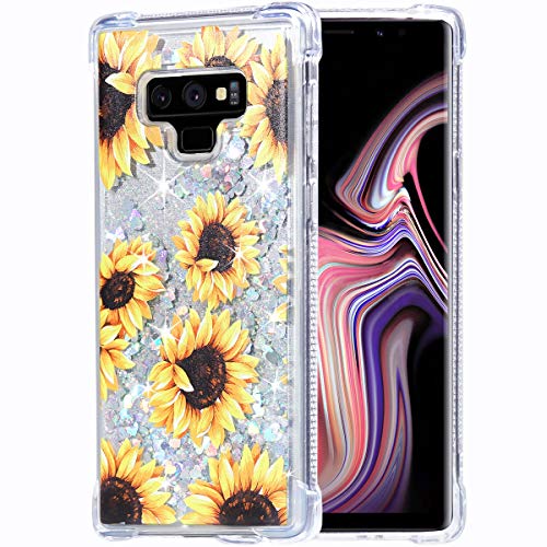 FLOCUTE Galaxy Note 9 Case, Galaxy Note 9 Glitter Floral Case Flower Bling Sparkle Floating Liquid Soft TPU Cushion Luxury Fashion Girly Women Cute Case for Samsung Galaxy Note 9 (Sunflower)
