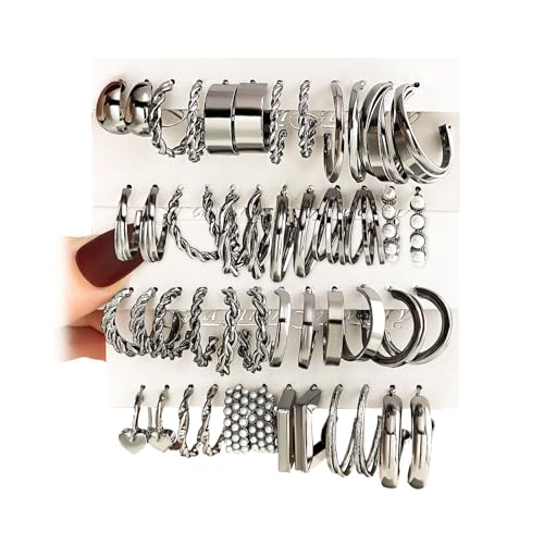 24 Pairs Black Silver Earring Set For Women Chunky Earring Multipack Punk Trendy Big Small Stud Hoop Earring Lightweight Twisted Pearl Ear Pack For Daily Birthday Party Gift