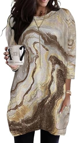 Image of Poetsky Tunic Tops for Women 3 4 Length Sleeve with Pockets Dressy Shirts with Pockets Business Casual Blouses Fall Clothes Aurora Brown XL