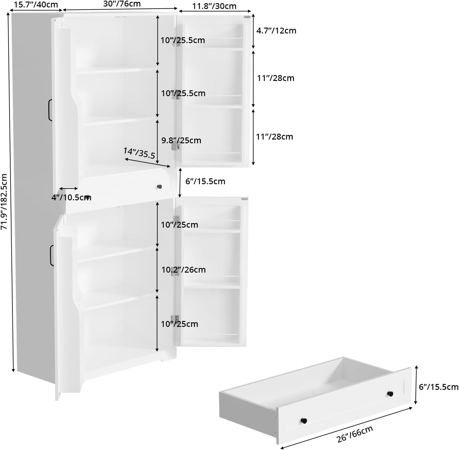 VOWNER Mueble Auxiliar de Cocina, Armario Aparador, Alacena de Despensa, 183H x 76L x 40W cm, Mueble Cocina, con 12 Estantes Laterales en la Puerta y 4 Baldas Ajustables (Blanco)