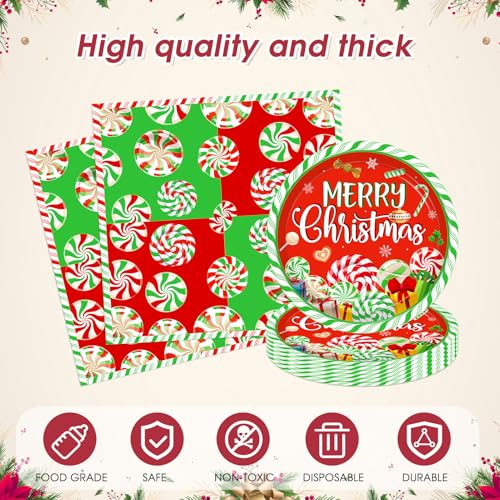 Image of 41 Pcs Peppermint Party Tableware Set Include Christmas Candy Cane Paper Plates Napkins and Plastic Tablecloth Red Green Christmas Candy Winter Party Decor for Holiday Xmas