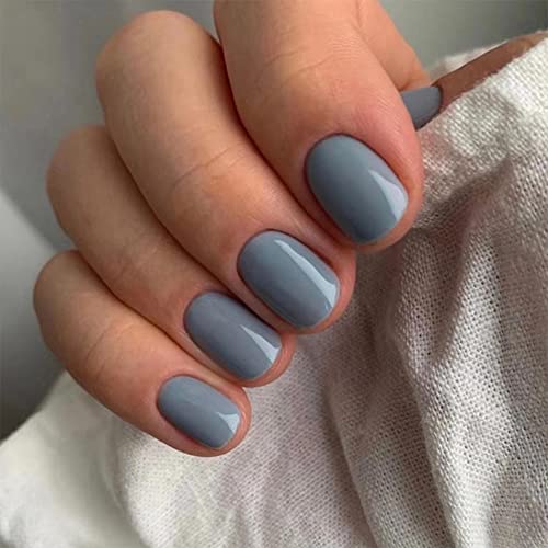 Gors Short Square Press On Nails Blue Gray Solid Color Fake Nails Round False Nails Acrylic Nail Artificial Glossy Press Ons Nails Full Cover Glue On Nails Stick On Nails Tips For Women Girl 24Pcs/Set #TOP13