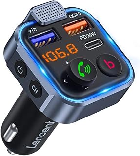 LENCENT Transmiter FM Bluetooth V5.3 Radio Samochodowe z głębokim basem Ładowarka samochodowa z zestawem głośnomówiącym i dwoma portami USB PD Type-C QC 3.0 USB z Niebieskim Oświetleniem Otoczenia