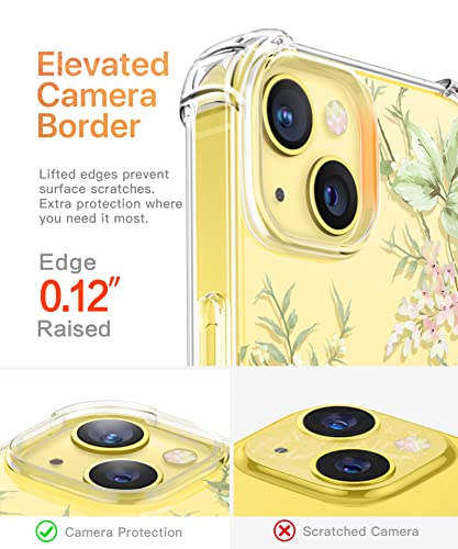 Gviewin Compatible With Iphone 14 Case With Screen Protector+Camera Lens Protector, Soft Shockproof Clear Floral Phone Protective Cover For Women, Flower Pattern Design 6.1" (Peach Blossom/Yellow) #TOP4