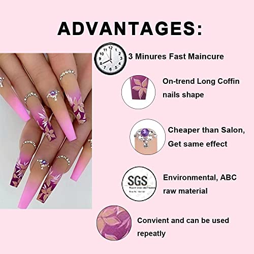 Magrace Pink Press On Nails Long Coffin Nails With Rhinestone French Fake Nails Press On 24 Pcs False Nails With Designs Purple Flowers Stick On Nails For Women And Girls #TOP4