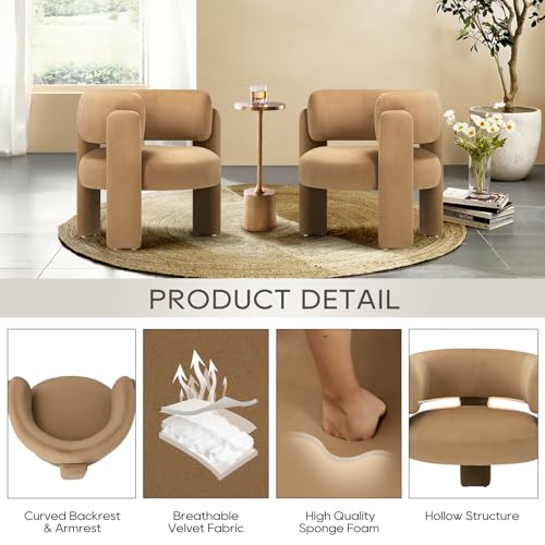 COLAMY Modern Velvet Accent Chairs Set of 2, Upholstered Barrel Chairs, Comfy Side Arm Chairs with 3 Legs for Living Room, Bedroom, Reading, Khaki - Image 3