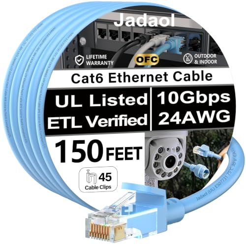 Image of Jadaol [UL Listed Cat6 Ethernet Cable 150FT with Clips 10Gbps 24AWG, Blue | 1FT 3FT 5FT 10FT 15FT 20FT 25FT 30FT 35FT 50FT 60FT 75FT 100FT 200FT RJ45 LAN Patch Cable for Router, Modem, Switch, Gaming