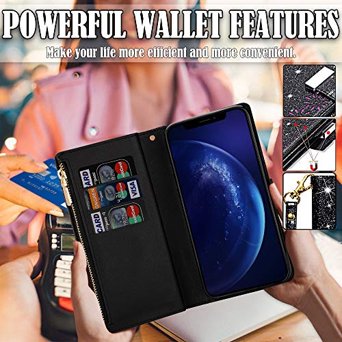 Galaxy S20 FE 5G Case Bling Wallet,Kudex [9 Card Slots] [Zipper Pocket] Glitter Leather Stand Flip Wallet Purse Handbag Case with Wrist Strap for Samsung Galaxy S20 FE/S20 Lite 6.5Inch(Black) - Thumbnail 3