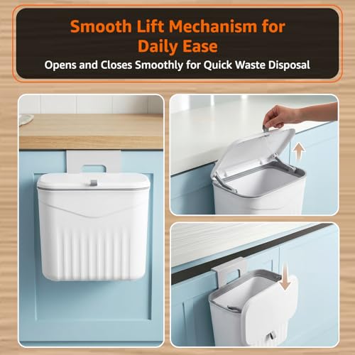 Image of Amazon Basics 7 Litre Kitchen Dustbin with Lid, Hanging Plastic Trash Can for Cabinet Door, Wall Mounted Garbage Bin, Double-Sided Open Design - White