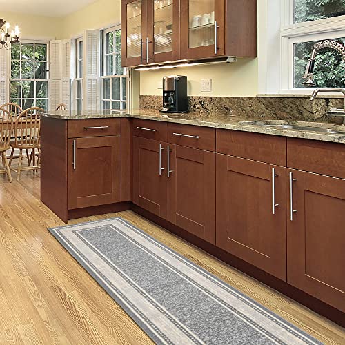 Ottomanson Machine Washable Bordered Design Non-Slip Rubberback 2X7 Traditional Runner Rug For Hallway, Kitchen, Bedroom, Living Room, 1'10" X 7', Light Gray #TOP5