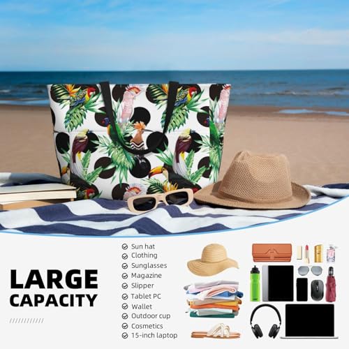 Polka Dot Parrot Toucan Leaf Large Beach Bag Waterproof Sandproof Swim Tote Pool Bag For Women With Zipper4