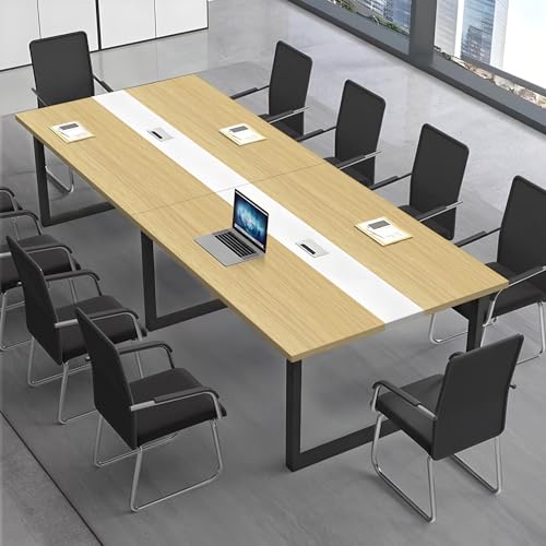 CCUKTFN Mesa de Reuniones Grande, Mesa de Conferencias Moderna con Conducto para Cables y Estructura de Metal Negro, Rectangular, para 8-12 Personas, Ideal para Oficina y Sala de Seminarios