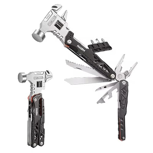 MALOM 18-in-1 Upgraded adjustable Hammer, Stainless Steel multitool Pliers with Replaceable Tungsten Wire Cutters, Bottle Opener, Nylon Sheath, Ideal for Camping, Survival, Hunting (Black)