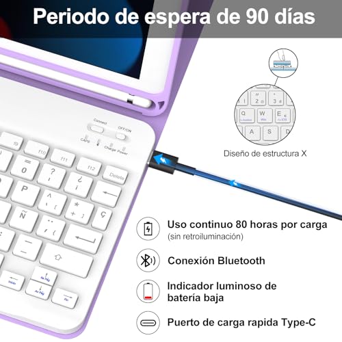 Teclado para iPad 10.2 bluetooth inalámbrico con funda protectora morada Ñ 4