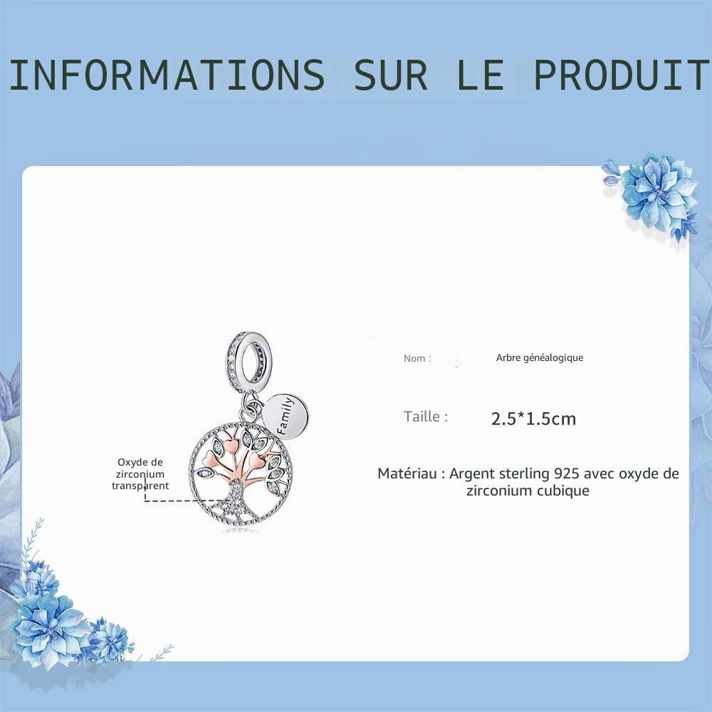 Arbre de la vie Charme,Bijoux femme,Pendentif Charm,Pendentif avec Breloques,en Argent Sterling 925 avec 5A Zircone,Compatible pour Pandora & Européen Bracelets