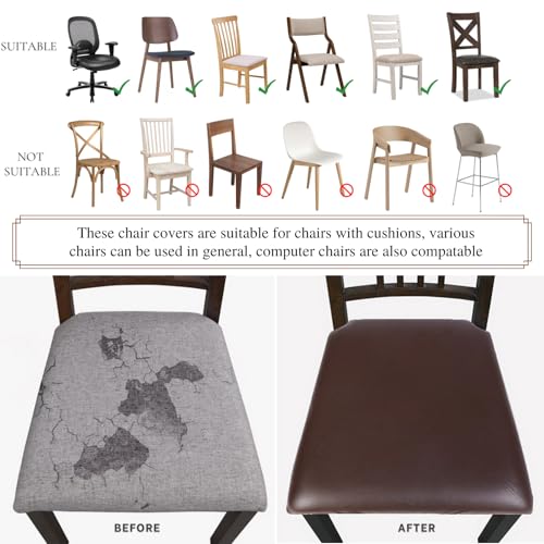 Image of SearchI Waterproof PU Leather Seat Covers for Dining Chairs, 4 Pack Stretch Dining Room Chair Seat Covers, Kitchen Chair Seat Covers Protectors (Brown)