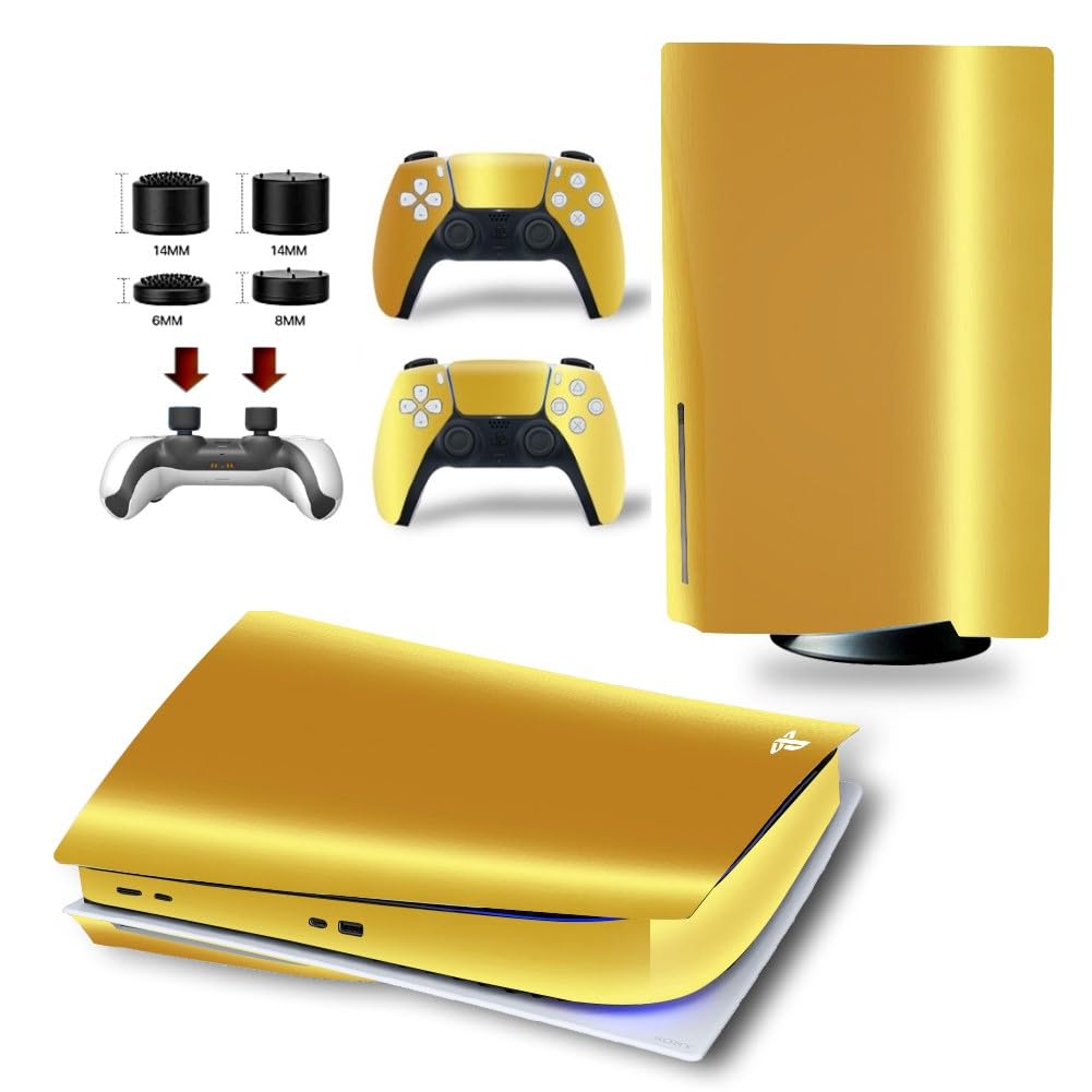 MaD Vision® Extra-Durable Skin Set in Vinile per PS5 Disc + 5 Paia di Aiming Rings | Kit Adesivo e Resistente ai Graffi per PlayStation 5 + 2 Controllers - per Oro cromato Design
