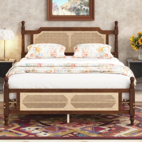 Queen Bed Frame with Rattan Headboard and Footboard, Platform Bed Frame with Large Under Bed Storage, Boho and Mid Century Style, Solid Pine Wood, No Box Spring Needed, Easy Assembly, Walnut