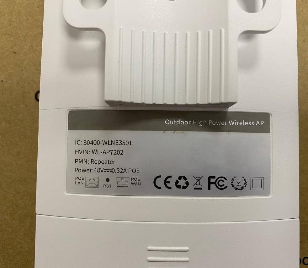 Back label of the WONLINK Outdoor WiFi Extender showing model and power information