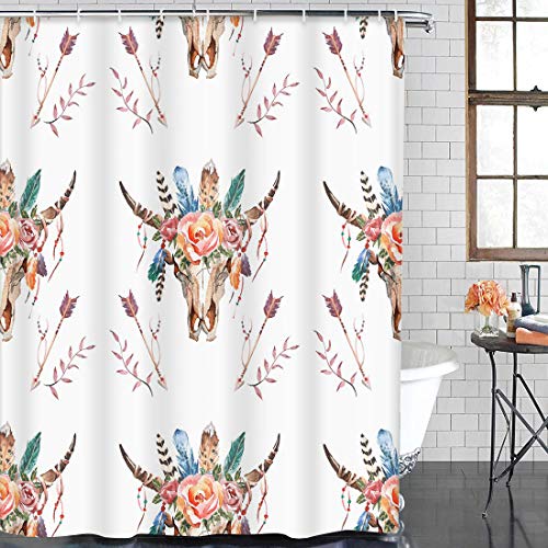 Emvency Shower Curtain Black Abstract Watercolor Boho Aztec Skull With Feathers Flowers Ancient Waterproof Polyester Fabric 72 X 72 Inches Set With Hooks #TOP4