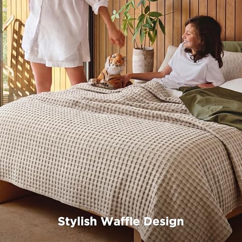 Image of Bedsure Cooling Waffle Full Size Blanket - Lightweight Cotton Blanket for Hot Sleepers, Luxury Throws for Bed, Couch and Sofa, Khaki, 80x90 Inches