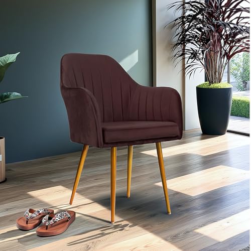 Image of Accent Chair for Living Room| Soft Velvet Fabric Armchair with Multi Colour Leg Options | Modern Chair with Thick Cushion for Home Office restaurent and cafes| 1pc (Golden Legs, Dark Brown)