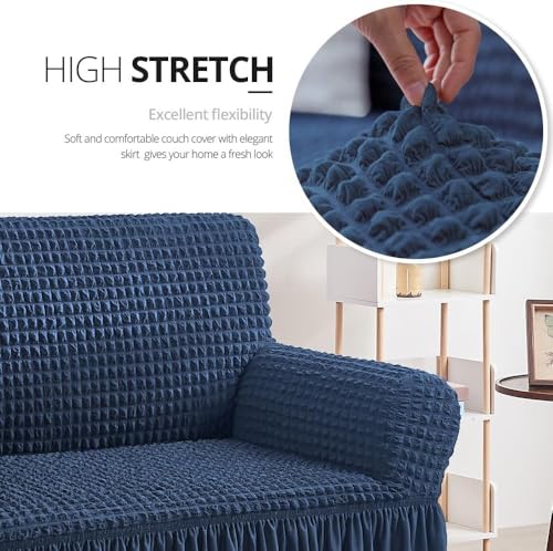 Image of Bails Sofa Cover 3 Seater Fully Covered | Turkish Elastic Sofa Cover | Sofa Cover 3Seater | Universal Elastic Bubble Fabric with Frill Sofa Protector Cover (Navy, 3 Seater)