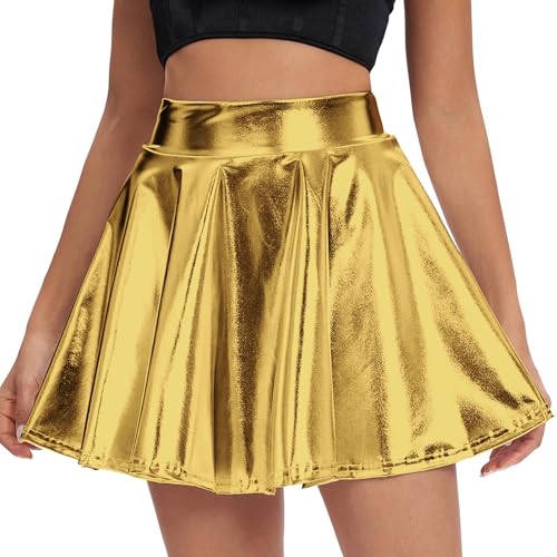 Lmdudan 2025 Women's Shiny Flared Pleated Mini Skater Skirt Trendy Elegant Metallic Wet Look Stretchy Flared Skirts